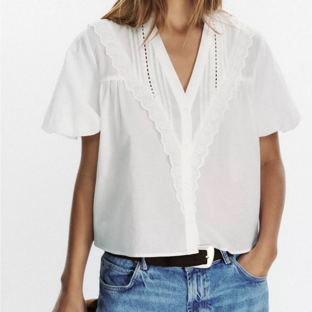 Elegant Zara White Lace Trim Blouse